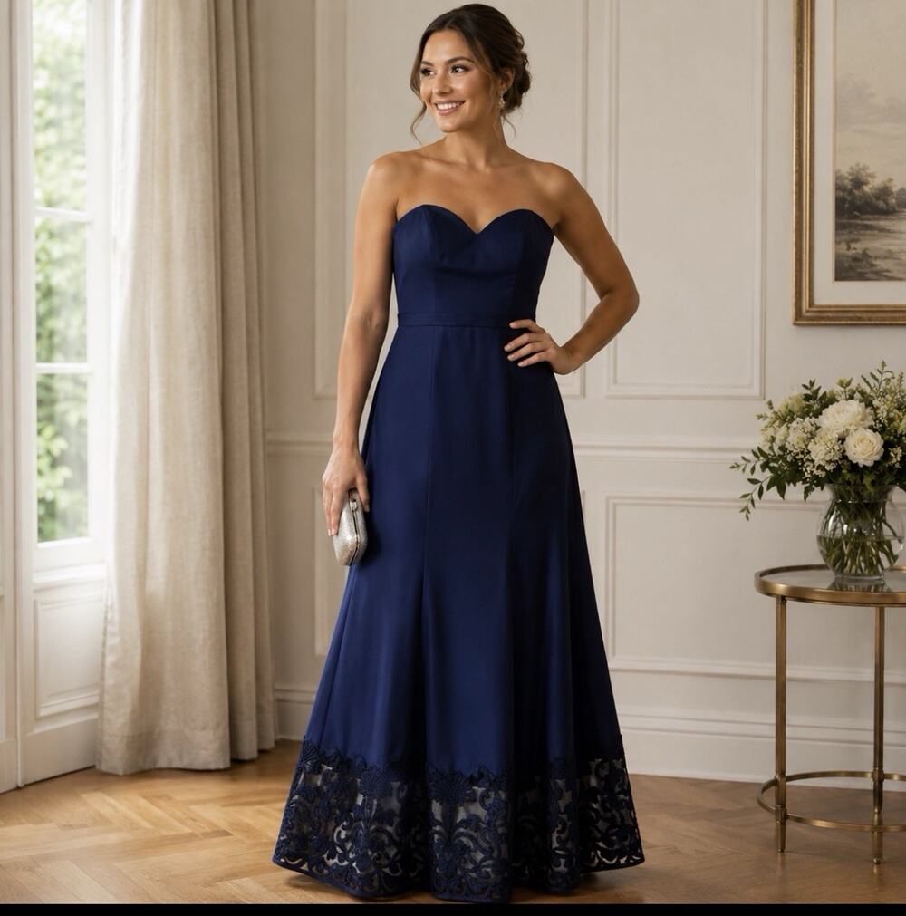 Ellie Wilde Navy Strapless Prom Gown Size 6 Sweetheart Lace Hem Formal
